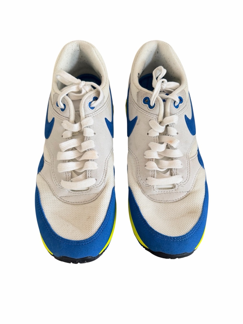 Nike Men’s White Athletic Shoes with Blue and Neon Yellow Accents